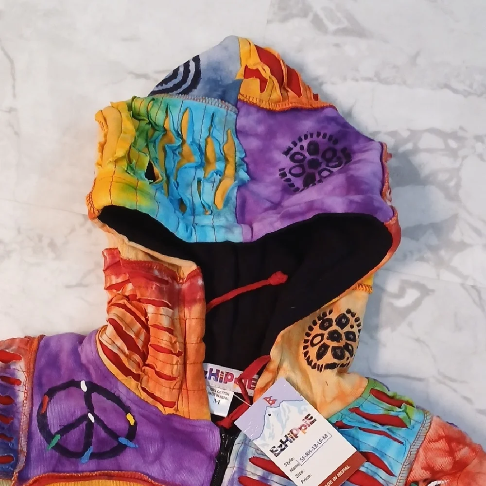 Hippy Vibrant Tie-dye Patchwork Women's Fleece-lined Coat from Nepal - Picture 5 of 6